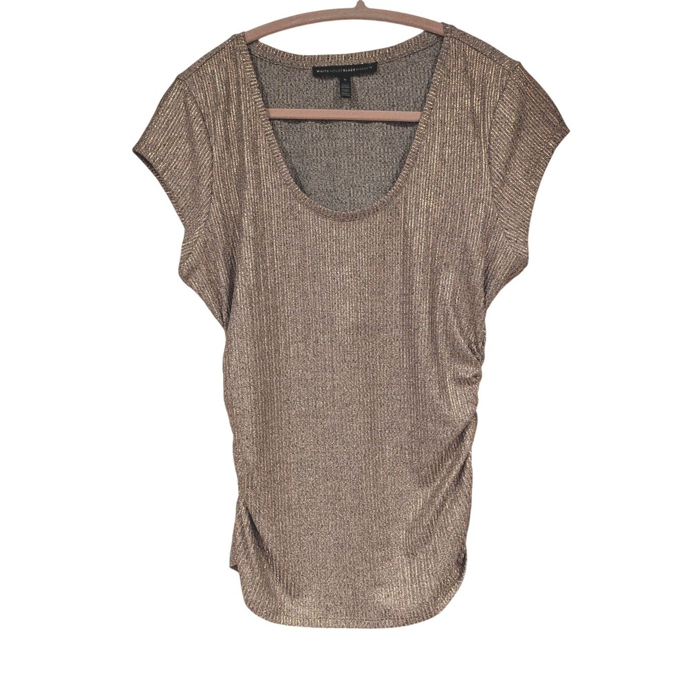 White House Black Market Top S Gold Metallic Ribbed Ruched Scoop Neck Shimmer - Picture 2 of 8
